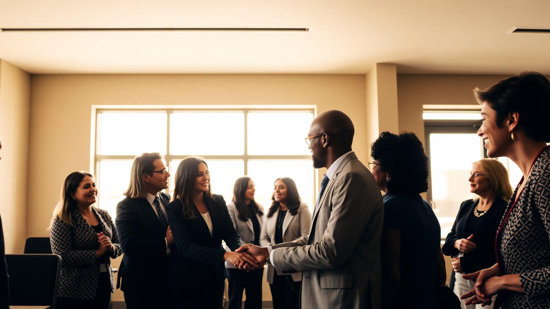 Community and institutional partners meeting and shaking hands in a bright California civic space